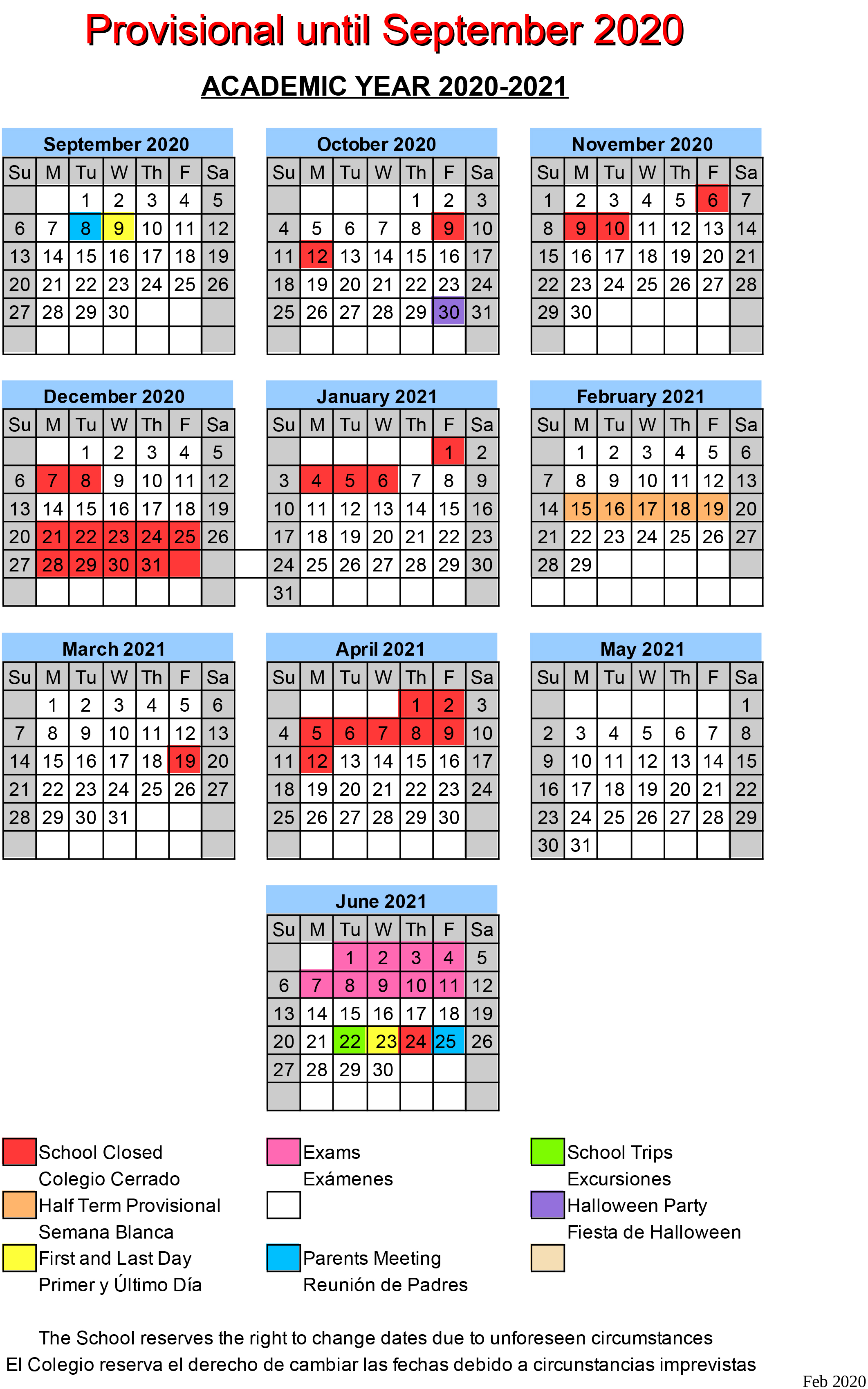 Calendario 2019 2020 Sierra Bernia School